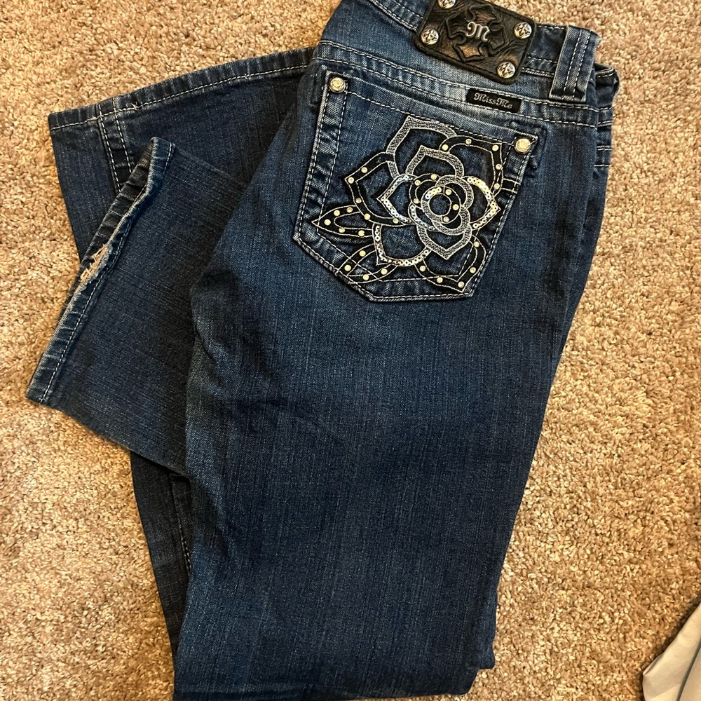Miss Me Blue Boot Cut Jeans with Ornate Design